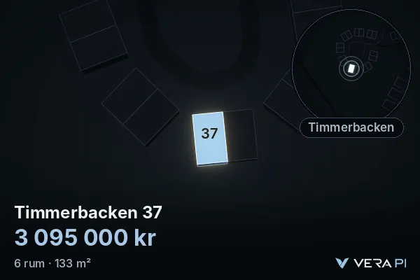 VERA PI's image of Timmerbacken 37: the building in 3D, lit in blue, and the map around it