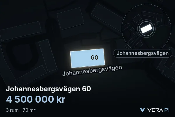 VERA PI's image of Johannesbergsvägen 60: the building in 3D, lit in blue, and the map around it