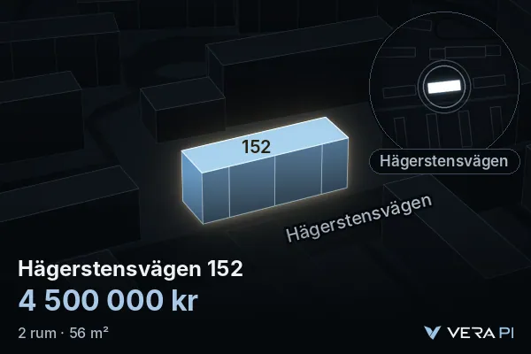 VERA PI:s bild av Hägerstensvägen 152: huset i 3D, upplyst i blått, och kartan runt omkring