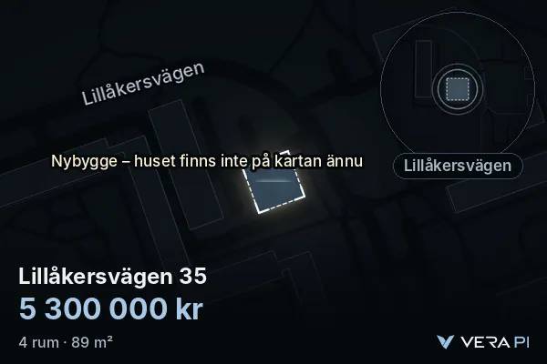VERA PI's image of Lillåkersvägen 35: the building in 3D, lit in blue, and the map around it