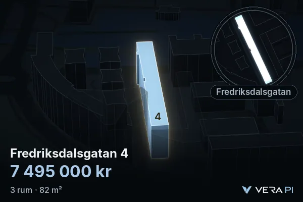 VERA PI:s bild av Fredriksdalsgatan 4: huset i 3D, upplyst i blått, och kartan runt omkring