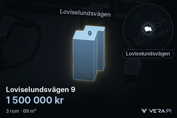 VERA PI's image of Loviselundsvägen 9: the building in 3D, lit in blue, and the map around it