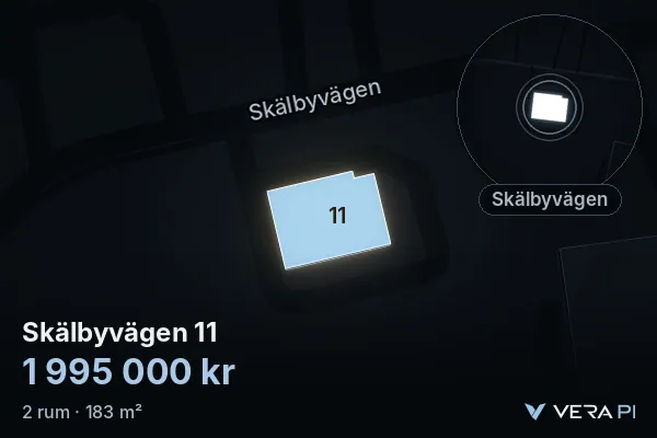 VERA PI's image of Skälbyvägen 11: the building in 3D, lit in blue, and the map around it