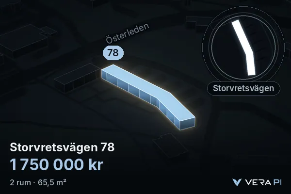 VERA PI's image of Storvretsvägen 78: the building in 3D, lit in blue, and the map around it
