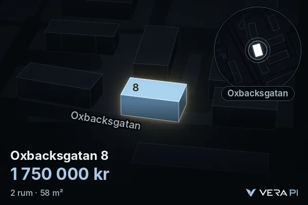 VERA PI's image of Oxbacksgatan 8: the building in 3D, lit in blue, and the map around it