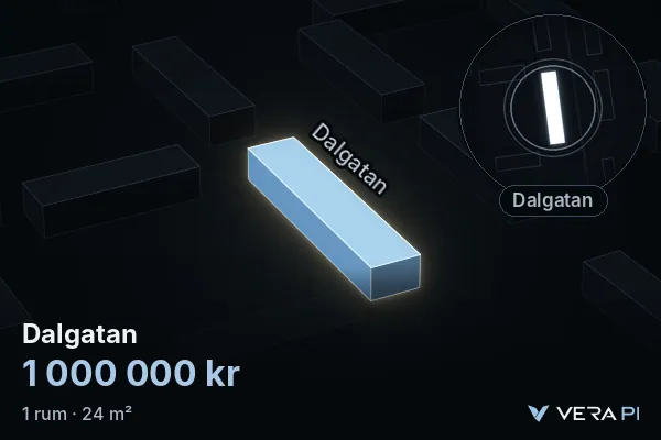 VERA PI's image of Dalgatan: the building in 3D, lit in blue, and the map around it