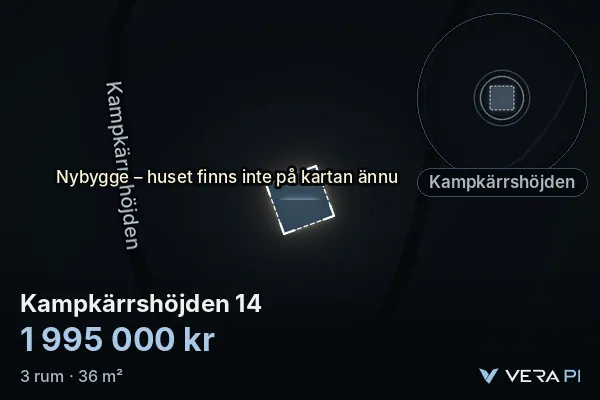 VERA PI's image of Kampkärrshöjden 14: the building in 3D, lit in blue, and the map around it