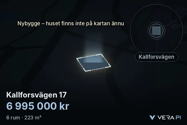 VERA PI's image of Kallforsvägen 17: the building in 3D, lit in blue, and the map around it