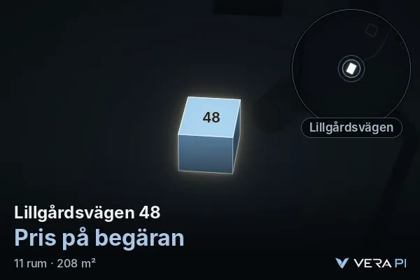 VERA PI:s bild av Lillgårdsvägen 48: huset i 3D, upplyst i blått, och kartan runt omkring