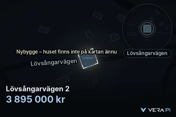 VERA PI's image of Lövsångarvägen 2: the building in 3D, lit in blue, and the map around it