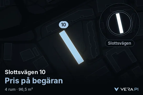 VERA PI's image of Slottsvägen 10: the building in 3D, lit in blue, and the map around it