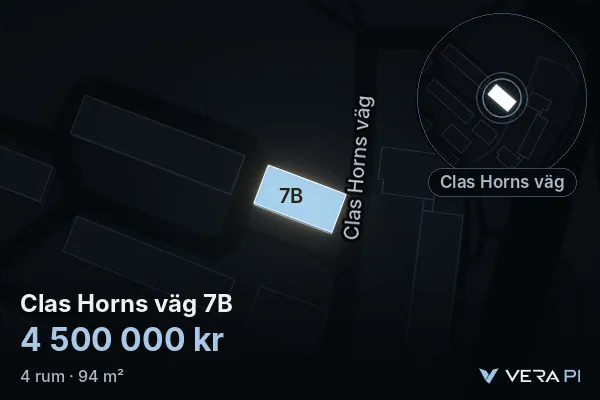 VERA PI's image of Clas Horns väg 7B: the building in 3D, lit in blue, and the map around it