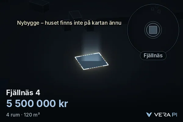 VERA PI:s bild av Fjällnäs 4: huset i 3D, upplyst i blått, och kartan runt omkring