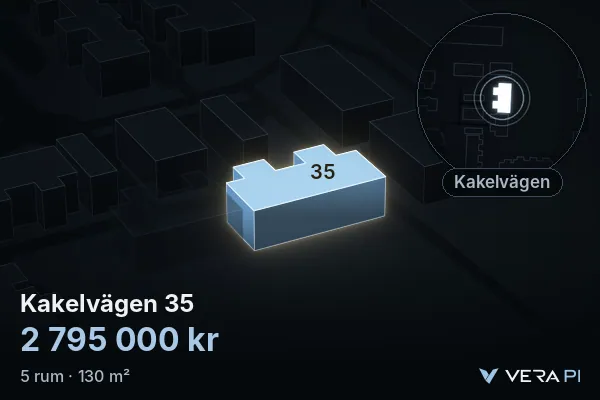 VERA PI's image of Kakelvägen 35: the building in 3D, lit in blue, and the map around it