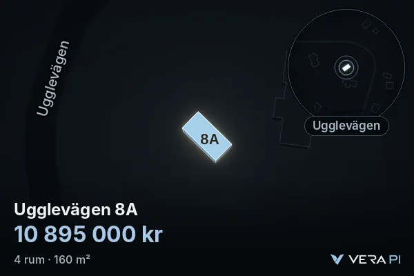 VERA PI's image of Ugglevägen 8A: the building in 3D, lit in blue, and the map around it