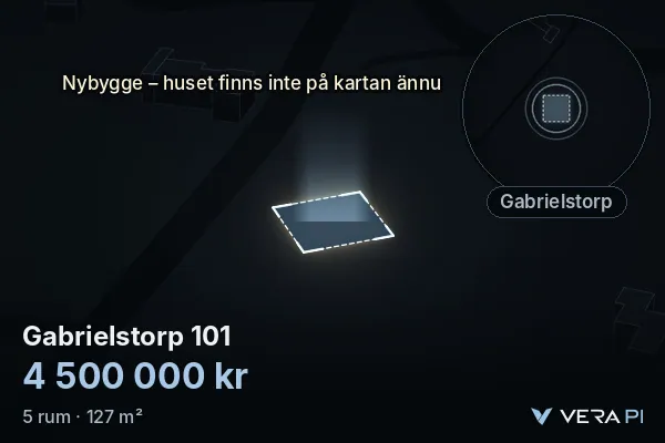 VERA PI's image of Gabrielstorp 101: the building in 3D, lit in blue, and the map around it
