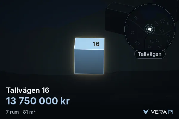 VERA PI's image of Tallvägen 16: the building in 3D, lit in blue, and the map around it