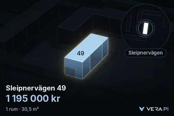 VERA PI's image of Sleipnervägen 49: the building in 3D, lit in blue, and the map around it