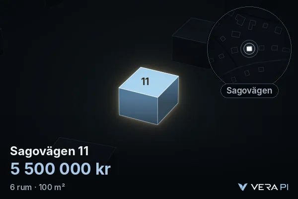 VERA PI's image of Sagovägen 11: the building in 3D, lit in blue, and the map around it