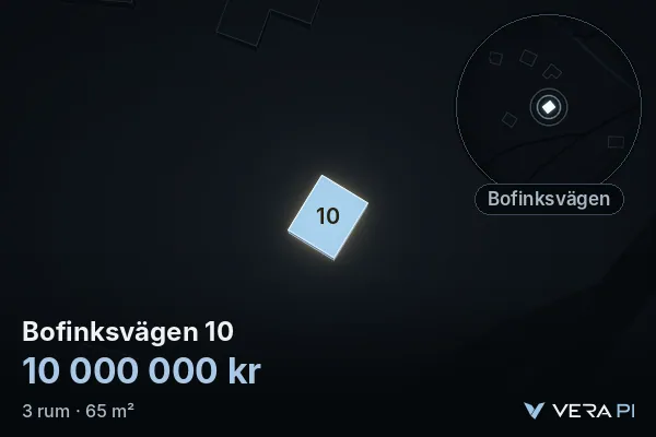 VERA PI's image of Bofinksvägen 10: the building in 3D, lit in blue, and the map around it