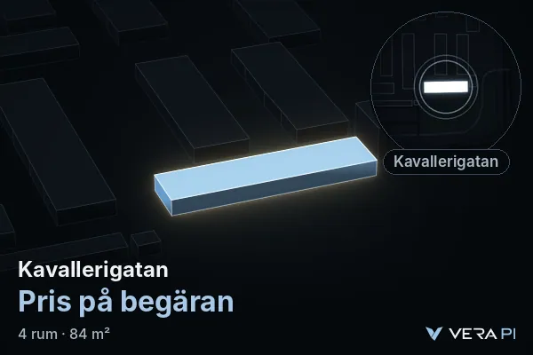 VERA PI:s bild av Kavallerigatan: huset i 3D, upplyst i blått, och kartan runt omkring