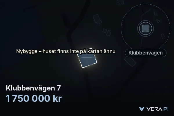 VERA PI:s bild av Klubbenvägen 7: huset i 3D, upplyst i blått, och kartan runt omkring