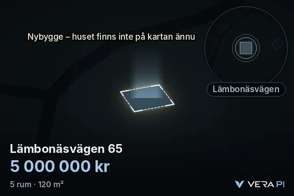 VERA PI's image of Lämbonäsvägen 65: the building in 3D, lit in blue, and the map around it
