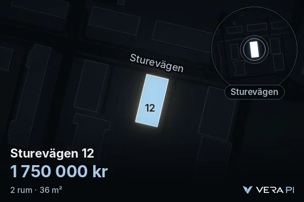 VERA PI:s bild av Sturevägen 12: huset i 3D, upplyst i blått, och kartan runt omkring