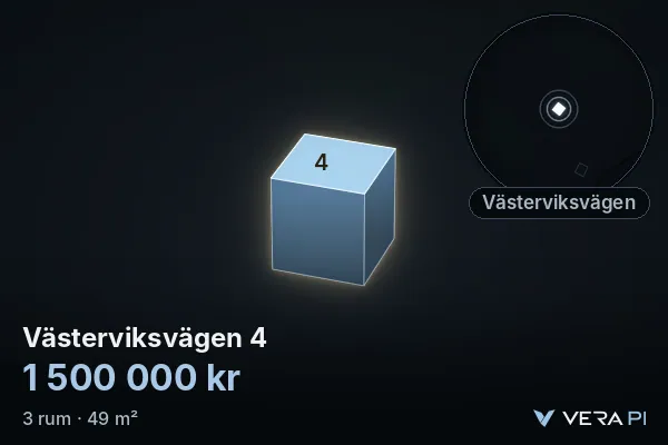VERA PI's image of Västerviksvägen 4: the building in 3D, lit in blue, and the map around it