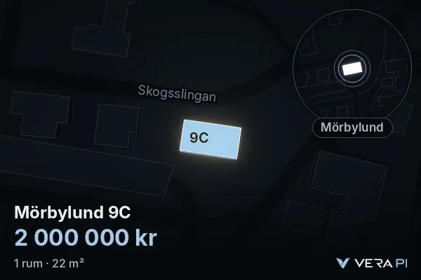 VERA PI's image of Mörbylund 9C: the building in 3D, lit in blue, and the map around it