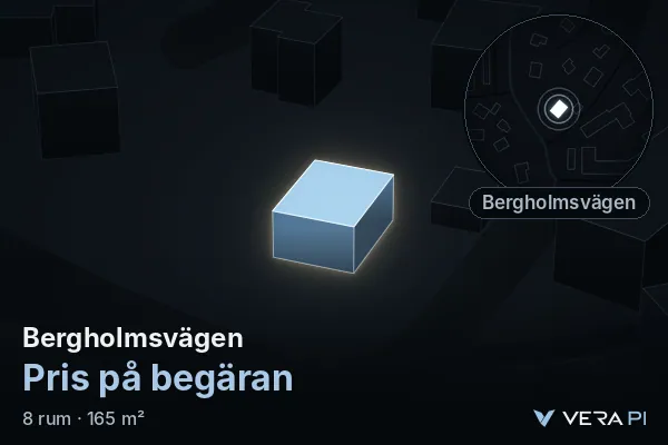 VERA PI:s bild av Bergholmsvägen: huset i 3D, upplyst i blått, och kartan runt omkring