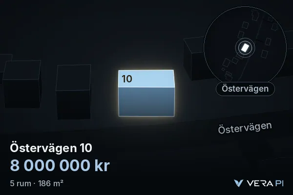 VERA PI:s bild av Östervägen 10: huset i 3D, upplyst i blått, och kartan runt omkring