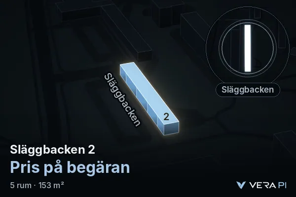 VERA PI's image of Släggbacken 2: the building in 3D, lit in blue, and the map around it