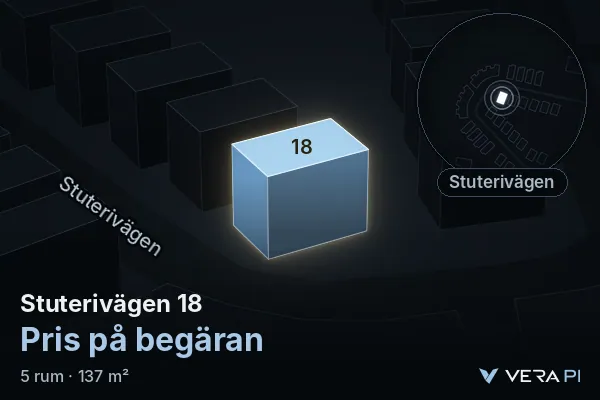 VERA PI's image of Stuterivägen 18: the building in 3D, lit in blue, and the map around it