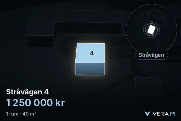 VERA PI's image of Stråvägen 4: the building in 3D, lit in blue, and the map around it