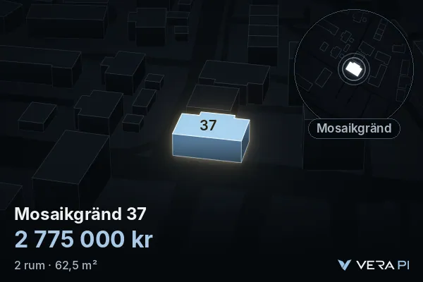 VERA PI:s bild av Mosaikgränd 37: huset i 3D, upplyst i blått, och kartan runt omkring