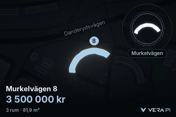 VERA PI's image of Murkelvägen 8: the building in 3D, lit in blue, and the map around it