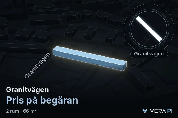 VERA PI:s bild av Granitvägen: huset i 3D, upplyst i blått, och kartan runt omkring