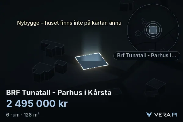 VERA PI:s bild av BRF Tunatall - Parhus i Kårsta: huset i 3D, upplyst i blått, och kartan runt omkring
