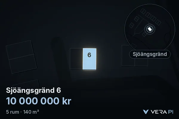 VERA PI's image of Sjöängsgränd 6: the building in 3D, lit in blue, and the map around it