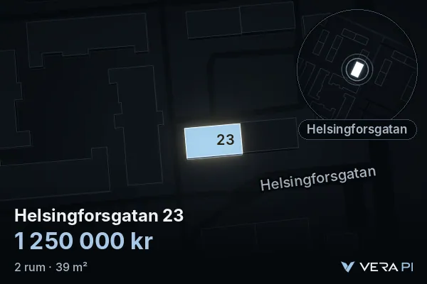 VERA PI:s bild av Helsingforsgatan 23: huset i 3D, upplyst i blått, och kartan runt omkring