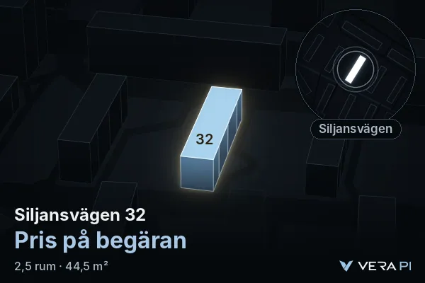 VERA PI's image of Siljansvägen 32: the building in 3D, lit in blue, and the map around it