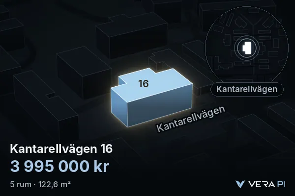 VERA PI's image of Kantarellvägen 16: the building in 3D, lit in blue, and the map around it