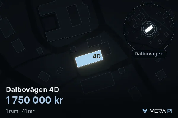 VERA PI's image of Dalbovägen 4D: the building in 3D, lit in blue, and the map around it