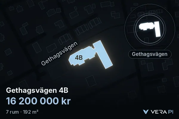 VERA PI's image of Gethagsvägen 4B: the building in 3D, lit in blue, and the map around it