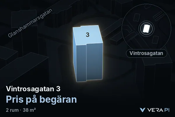VERA PI's image of Vintrosagatan 3: the building in 3D, lit in blue, and the map around it