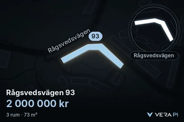 VERA PI's image of Rågsvedsvägen 93: the building in 3D, lit in blue, and the map around it