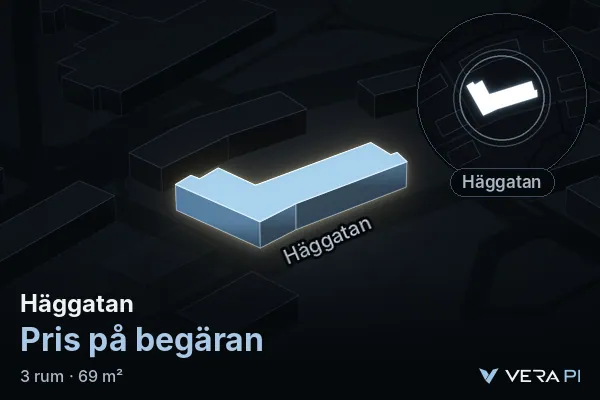 VERA PI's image of Häggatan: the building in 3D, lit in blue, and the map around it