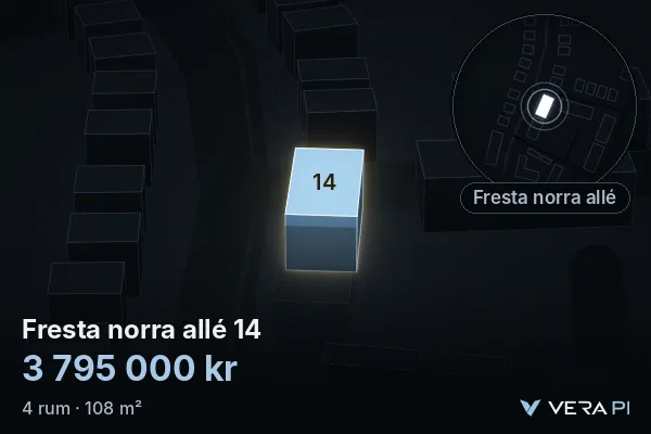 VERA PI:s bild av Fresta norra allé 14: huset i 3D, upplyst i blått, och kartan runt omkring
