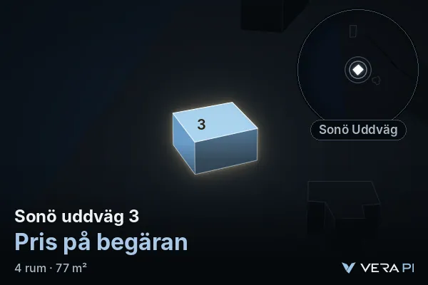 VERA PI's image of Sonö uddväg 3: the building in 3D, lit in blue, and the map around it